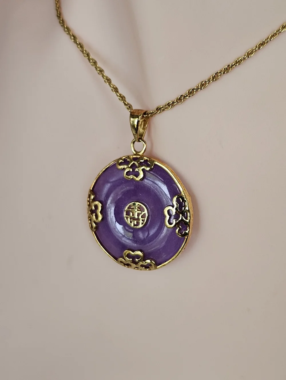 Good Fortune Genuine Purple Jade Donut Pendant Necklace 18k Vermeil 20